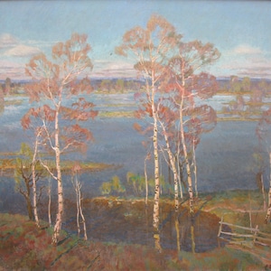 VINTAGE ORIGINAL PAINTING, socialist realism, landscape, Spring, oil on canvas, painted in 1988 by Ukrainian artist A. Belsky
