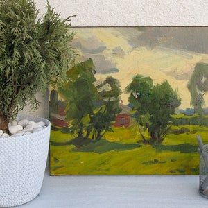 VINTAGE ORIGINAL MALEREI, Ölgemälde, Vintage Realismus, Sozialistischer Realismus, Impressionismus, Landschaft, Bewölkter Tag, 1969, M. Andriychuk