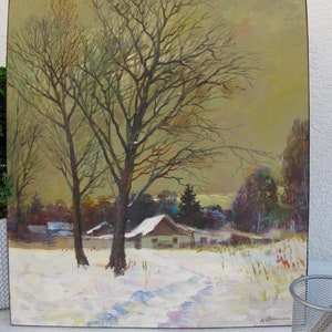 PINTURA ORIGINAL, vintage, pintura moderna, pintura a óleo, impressionismo, paisagem, paisagem rural, noite de inverno, 2007, Y. Suprunchuk