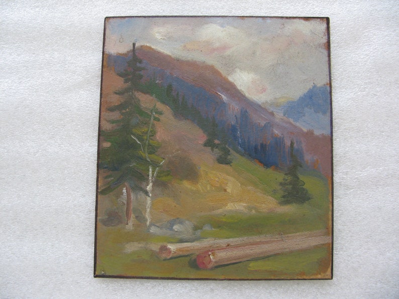 landscape Ukrainian artist K VINTAGE ORIGINAL PAINTING oil on cardboard 1990s In the mountains socialist realism Yakubek