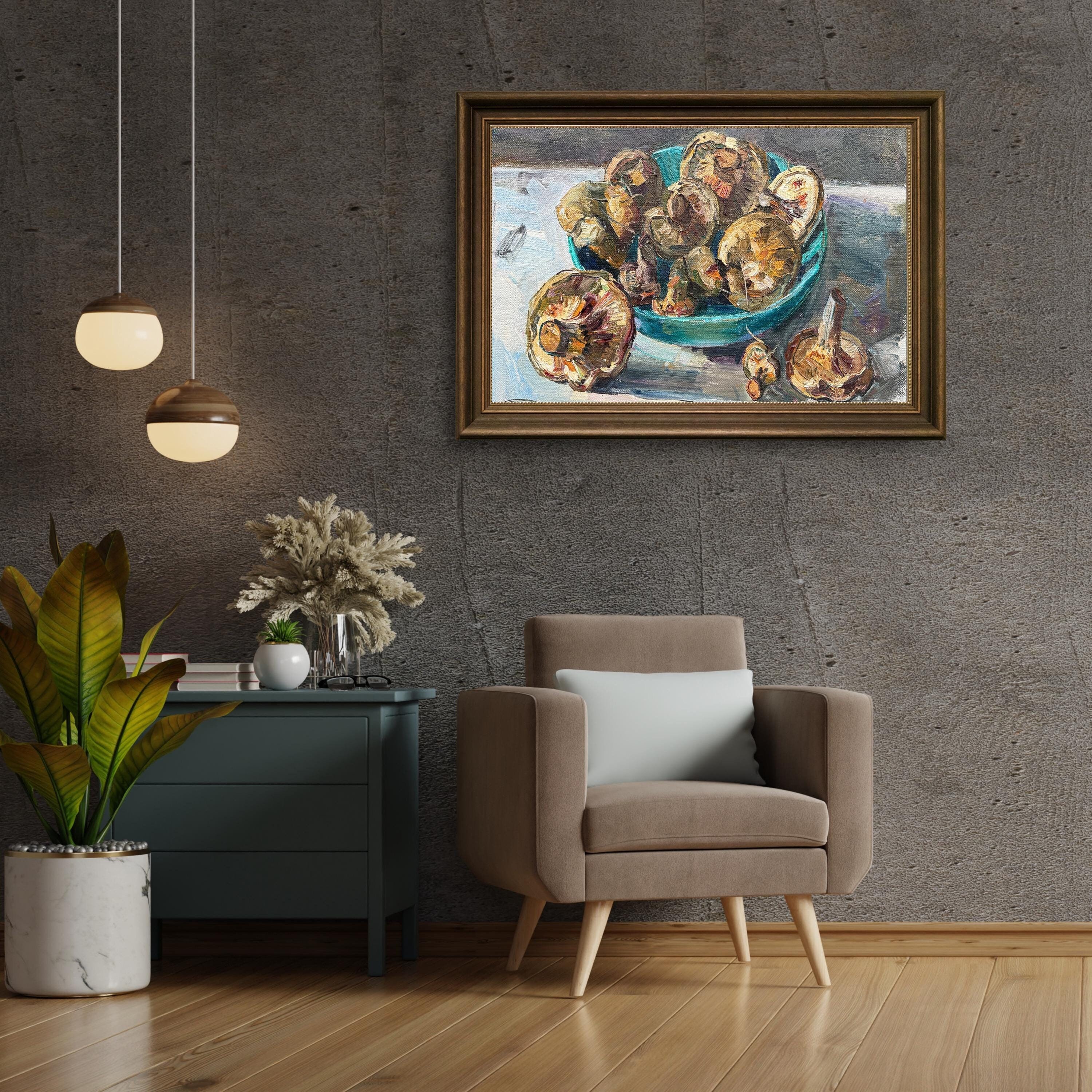 ORIGINAL PAINTING, oil painting, socialist realism, impressionism, still life, Mushrooms on the table, artist O. Guristyuk