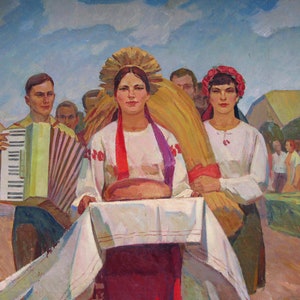 VINTAGE ORIGINAL PAINTING, socialist realism, genre painting, oil on canvas, Bread and Salt, 1971, author V. Les