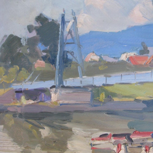 VINTAGE ORIGINAL PAINTING, vintage realism, social realism, impressionism, oil painting, shops landscape, Boat station, 1955, artist K. Yakubek