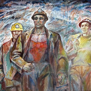 VINTAGE ORIGINAL PAINTING, socialist realism, workers "Miners", oil on a paper, painted in the 1980s by Ukrainian artist G. Bonya