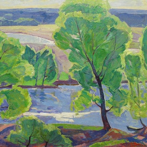 VINTAGE ORIGINAL PAINTING, socialist realism, landscape, Spill, oil on canvas, painted in the 1960s by Ukrainian artist M. Kokin