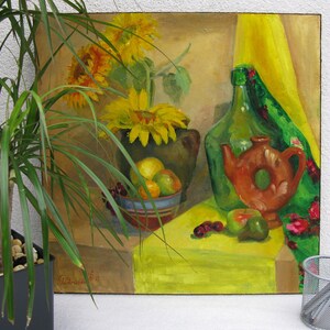 VINTAGE ORIGINAL GEMÄLDE, Ölmalerei, Vintage Realismus, Realismus, Impressionismus, Stillleben, Blumen und Kanne, 2015, Künstler V. Radetsky