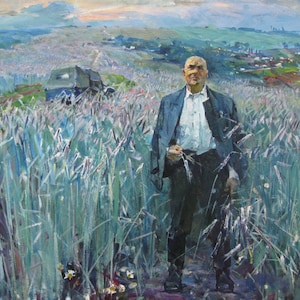 PINTURA ORIGINAL VINTAGE, realismo socialista, retrato, Hombre en el campo, óleo, lienzo, pintado en la década de 1960 por el artista ucraniano V. Grebennik