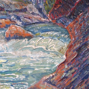 VINTAGE ORIGINAL PAINTING, socialist realism, landscape "Rocks", canvas, cardboard, oil, 1990, Ukrainian artist Harchenko V.