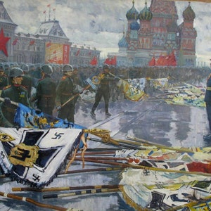 VINTAGE ORIGINAL PAINTING, socialist realism, genre painting, Victory Parade, oil on canvas, 1974, Ukrainian artist P. Sulimenko