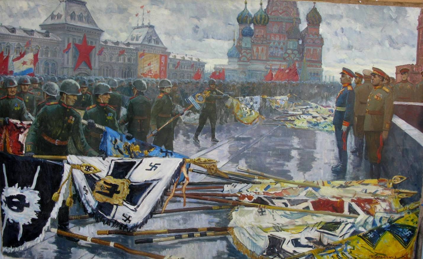 VINTAGE ORIGINAL PAINTING, socialist realism, genre painting, Victory Parade, oil on canvas, 1974, Ukrainian artist P. Sulimenko