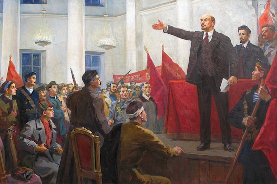VINTAGE ORIGINAL PAINTING, Socialist Realism, Genre, Lenin's