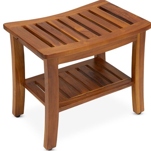 Teak Shower Bench With Shelf 21 Inch, Teak Shower Chair With Arms