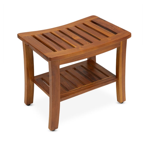 Teak Shower Bench with Shelf 21 Inch, Fully Assembled Teak Wood Shower Stool & Spa, The Hermod