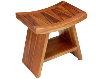 Teak Shower Stool Bench with Shelf for Bath & Spa - 18” Fully Assembled, The Randi