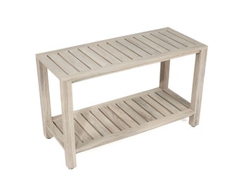 Gray Teak Shower Bench with Shelf30 Inch for Bathroom, Spa - Fully Assembled, Shower Stool, Rustic Gray Finish, The Ricina