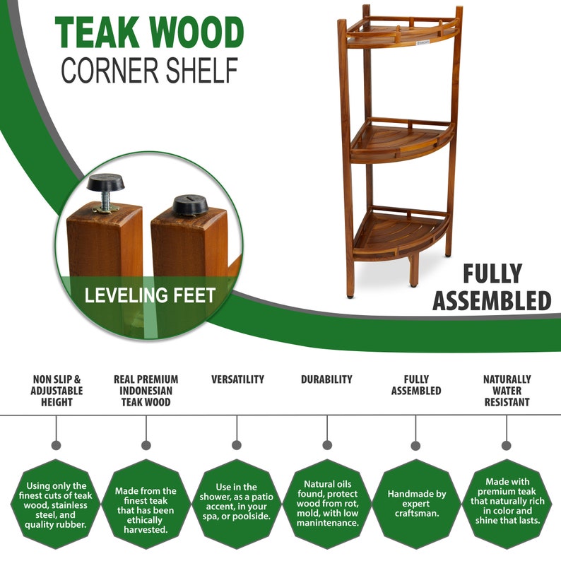 Teak Corner Shower Shelf, 3 Tier, 14Wx14Lx39.5H inches, Fully Assembled, The OM image 4