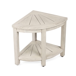May include: A light-colored, corner shower bench with a triangular top and a lower shelf. The bench has a slatted design on both the top and shelf, and is supported by four sturdy legs. The bench is approximately 24 inches wide.