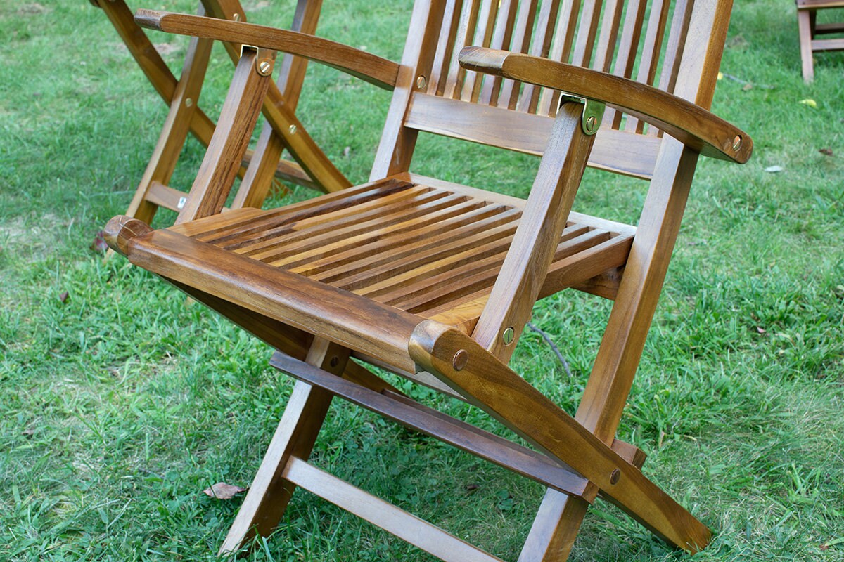 Teak Folding Arm Chair Outdoor Indoor 2 Piece Set Fully Etsy