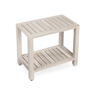 Gray Teak Shower Bench with Shelf 21 Inch for Bathroom, Spa - Fully Assembled, Shower Stool, Rustic Gray Finish, The Elisa