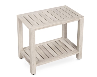Gray Teak Shower Bench with Shelf 21 Inch for Bathroom, Spa - Fully Assembled, Shower Stool, Rustic Gray Finish, The Elisa