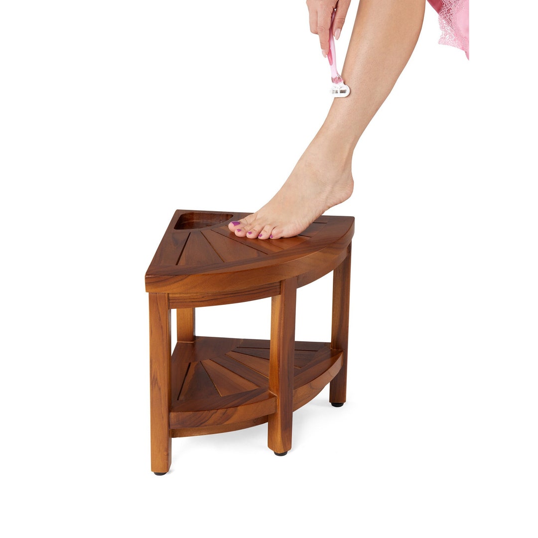 Corner Teak Shaving Foot Rest With Shelf, 12 Fully Assembled, Shower