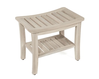 Gray Teak Shower Bench with Shelf 21 Inch for Bathroom, Spa - Fully Assembled, Shower Stool, Rustic Gray Finish, The Lavici