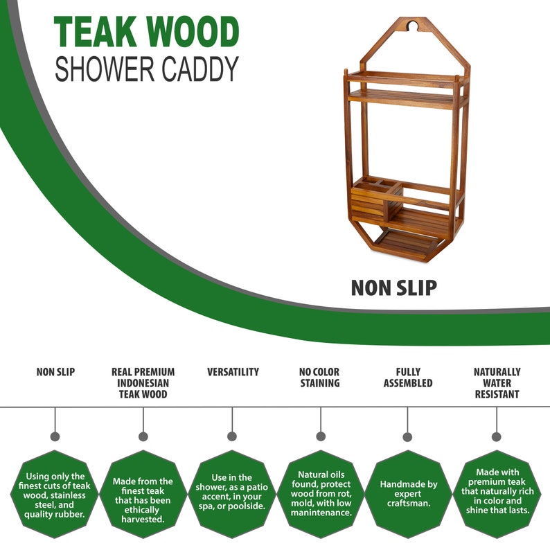 Puede incluir: Organizador de ducha de madera de teca marr&oacute;n con m&uacute;ltiples estantes y compartimentos. El texto "TEAK WOOD SHOWER CADDY" est&aacute; en la parte superior. Es antideslizante y est&aacute; hecho de madera de teca indonesia de primera calidad.