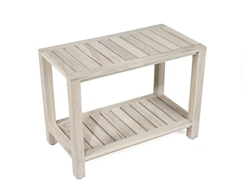 Gray Teak Shower Bench with Shelf 24 Inch for Bathroom, Spa - Fully Assembled, Shower Stool, Rustic Gray Finish, The Luni