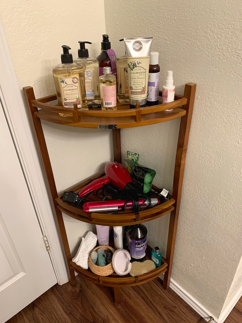 Teak Corner Shower Shelf, 3 Tier, 14Wx14Lx39.5H inches, Fully Assembled, The OM image 3