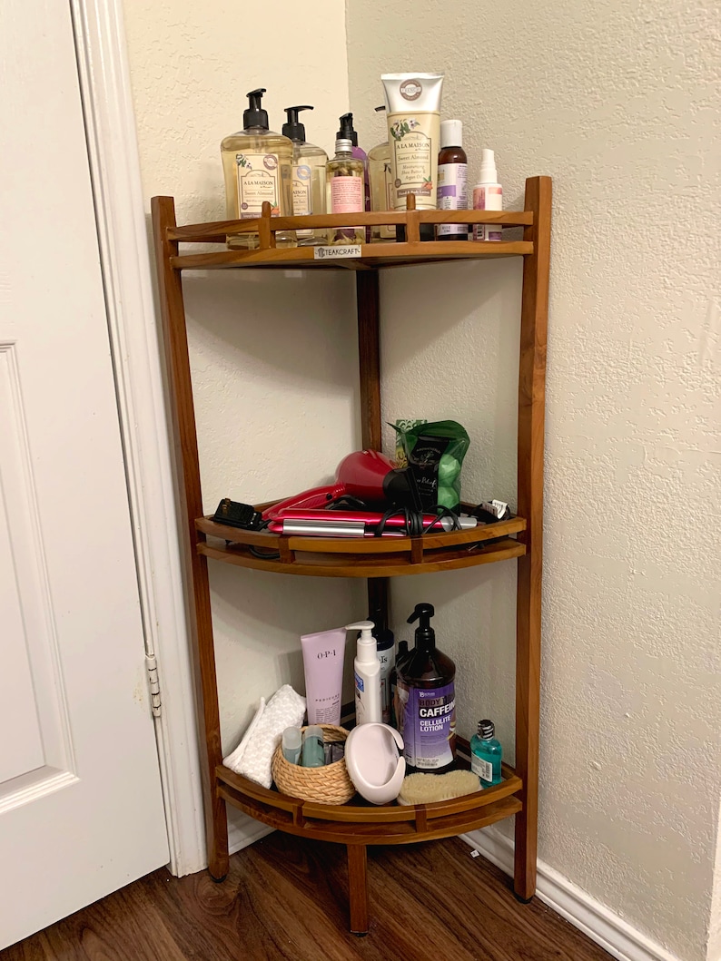 Teak Corner Shower Shelf, 3 Tier, 14Wx14Lx39.5H inches, Fully Assembled, The OM image 2