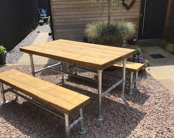 Outdoor Reclaimed Style Dining Table and Benches, Garden Table, 60mm Chunky Solid Wood - Industrial Steel Legs, Choice of Legs and Finish