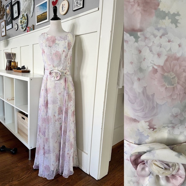Vintage 1980s Jessica McClintock Bridal Pastel Floral Sleeveless Maxi Dress with Flower Belt - Size S
