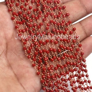 Beautiful Red Ruby Hydro Rosary Chain– Rose Gold Plated Layering Jewelry, Dainty Bracelet Beaded Gemstone Chain, 3mm Faceted Beads Chain