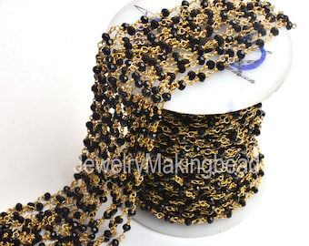 Schwarze Spinell Rosenkranz Kette, 3 mm facettierte Perlen, vergoldeter Draht, DIY Schmuckherstellung