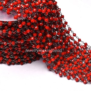 Dark Red Ruby Hydro Faceted Rondelle Beads Rosary Chain 1,3,5,10,25, Feet Chain, Black Plated Red Ruby Hydro Beaded Rosary Chain Bulk Roll