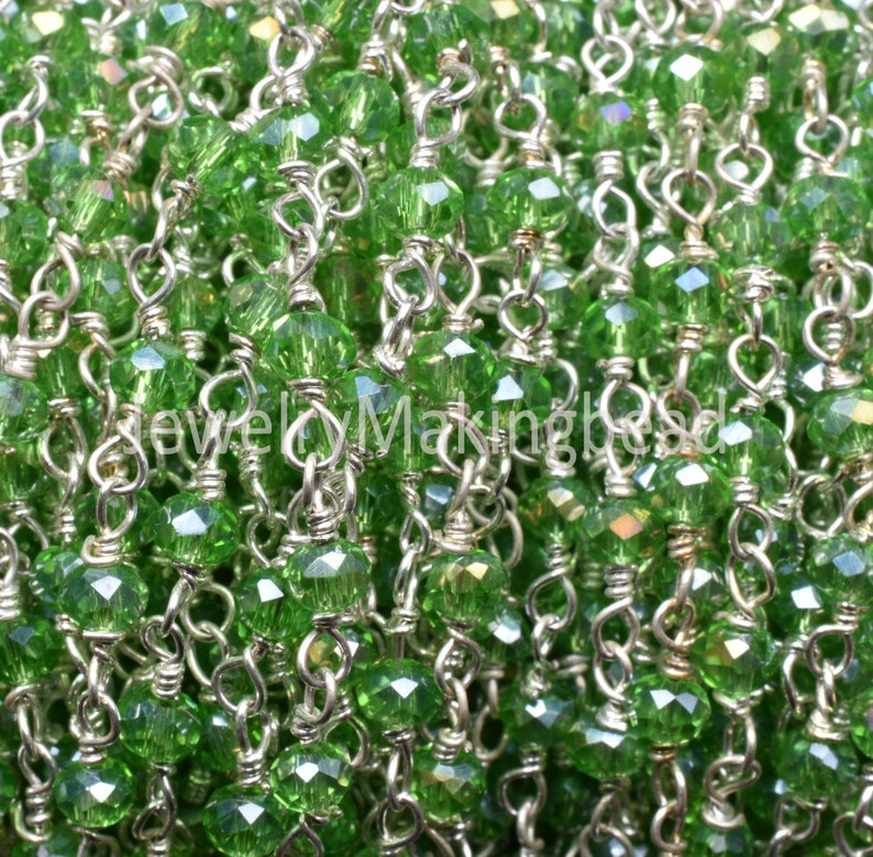 Wire Wrapped Chain 3.5mm Necklace Jewelry Finding Chain Peridot Silver Coated Hydro Faceted Rondelle Beaded Rosary Chain silver Plated Wire