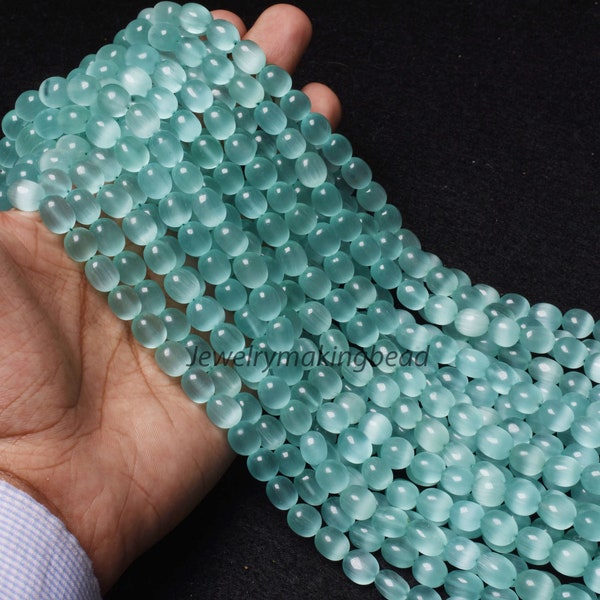 7.5-10 mm Beautiful Aqua Blue Green Monalisa Gemstone Beads Cyan Color Monalisa Smooth Puff Oval Shape Jewelry Beads Handmade Nugget Beads