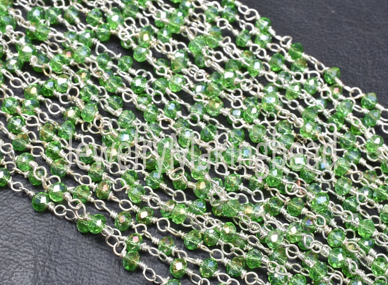 Wire Wrapped Chain 3.5mm Necklace Jewelry Finding Chain Peridot Silver Coated Hydro Faceted Rondelle Beaded Rosary Chain silver Plated Wire
