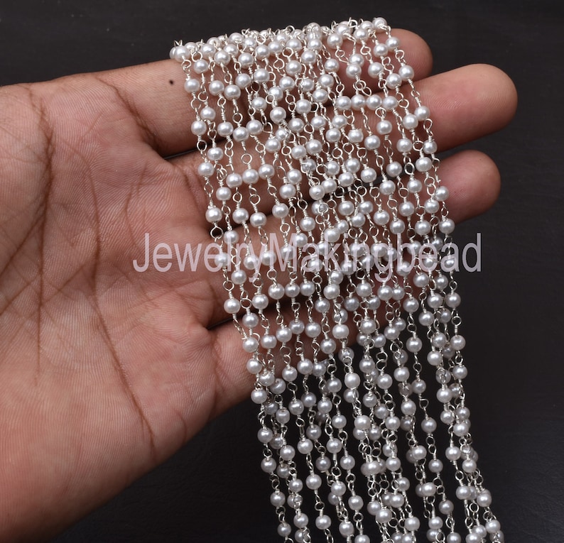 Vit pärlkedja med rosenkrans, försilvrad, smyckestillverkning, 3-3,5 mm bild 7