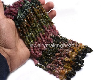 34" Natural Multi Tourmaline Uncut Chip Beads – Raw Rough Uneven Gemstone Beads, Smooth Tourmaline Loose Bead Strand for Jewelry & Crafting