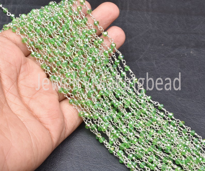 Wire Wrapped Chain 3.5mm Necklace Jewelry Finding Chain Peridot Silver Coated Hydro Faceted Rondelle Beaded Rosary Chain silver Plated Wire
