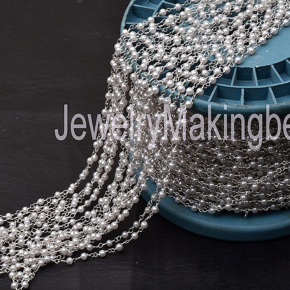 White Pearl Rosary Chain, Silver Plated, Jewelry Making, 3-3.5mm