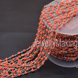 Beautiful Orange Coral Hydro Faceted Rondelle Beads Chain,1 5,10,50 Ft 3mm Silver Plated wire Necklace Chain Bulk Roll Beaded Chain Jewelry
