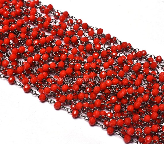 Ruby Red Glass Rosary Chain, Bulk Chain, Rondelle Glass Beads