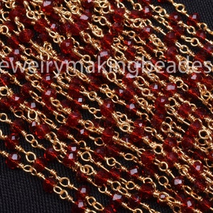 1,3,5,10,25 Feet ,Red Ruby Faceted Rondelle Hydro Beaded Rosary Chain Gold Plated Wire ,Jewelry Making, Finding ,Wire Wrapped Chain,3-3.5mm