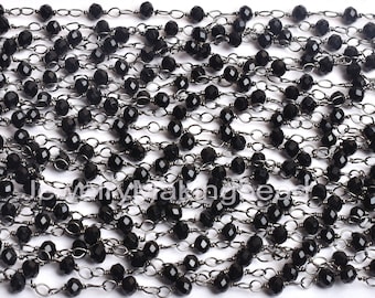 Black Spinel Rosary Chain – 3mm Faceted Rondelle Beads, Black Plated Wire Wrapped