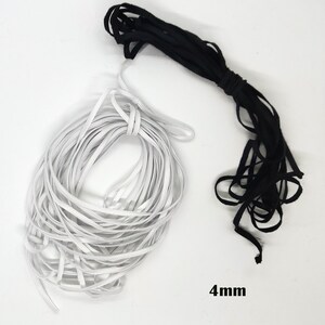 May include: Two bundles of elastic cord, one white and one black, are shown against a white backdrop. The black cord is thicker and appears soft. The white cord is thinner and tightly woven. The text "4mm" is printed in black, indicating the cord's width.