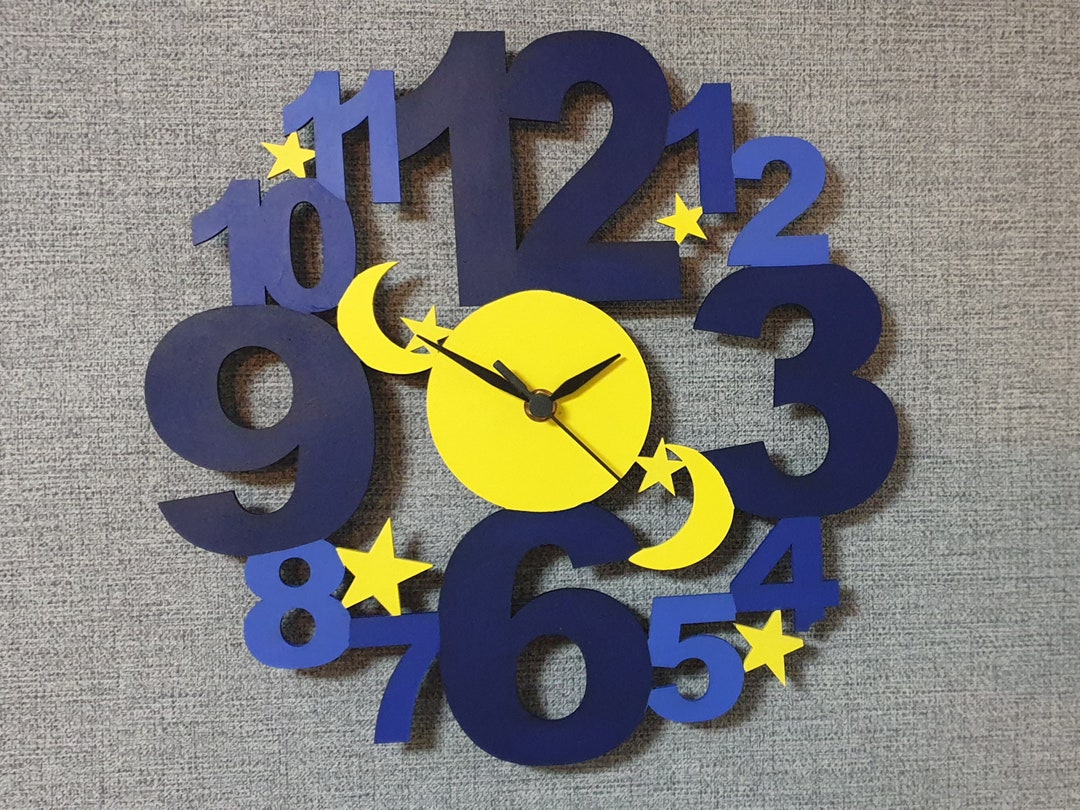 Blue and Yellow Stars Clock Round Wooden Nursery Clock Grey Nursery