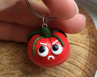 Angry Tomato Keychain, Polymer Clay Food Keyring, Funny Gift