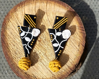 Black and gold floral studs, polymer clay earrings, art deco earrings, bespoke earrings, black earrings, statement jewellery, wedding gifts